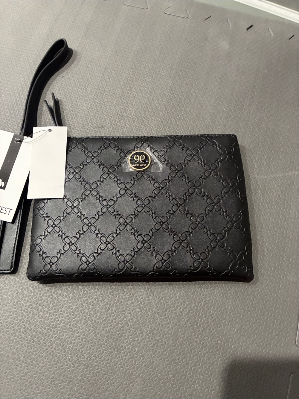 Nine West Black Quilted Embossed Wristlet Clutch with Gold Logo